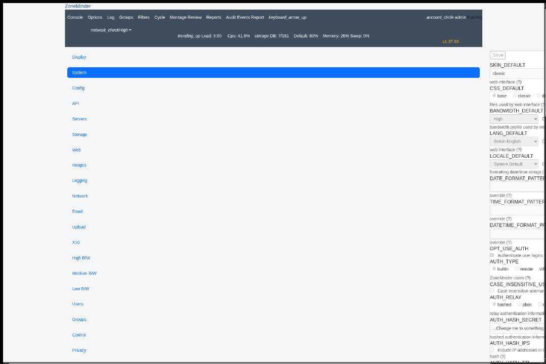 ZoneMinder options interface