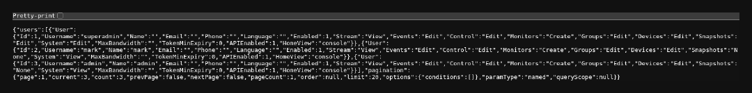 Chrome screenshot of the saved ZoneMinder users API JSON response